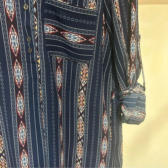 Entro Navy Blue Southwestern Pattern Shirtdress with rolled up sleeves - Picture 6 of 16
